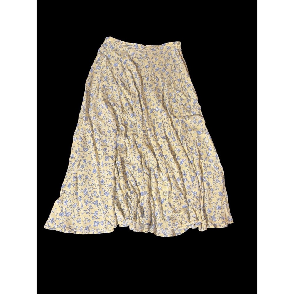 Vtg Susan Bristol Rayon Floral Midi Skirt Size 14 Blue Cream 90s Cottagecore
